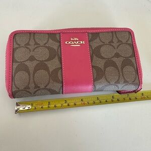 Coach Signature Zip Wallet in Brown and Pink Leather Trim
